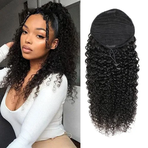 Miniatura 15 de Extensiones de pelo rizado con cordón para cola de caballo, extensiones de cabello humano para mujer con dos clips 1B# 120g/set (71cm)