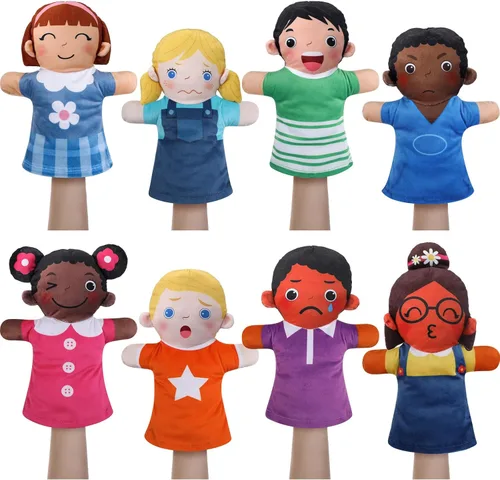 Poen Juego de 8 títeres de mano para niños, títeres de mano multiculturales, felpa suave a granel para niños pequeños, interacción de aprendizaje,