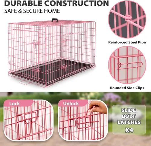 Miniatura 4 de BestPet Jaula para perros 36 pulgadas Rosa Perrera plegable de metal con puertas dobles, pestillos seguros de perno deslizante, bandeja a