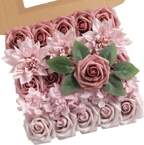 Miniatura 27 de YYHUAWU Flores Artificiales Juego de Caja Combinada Color Degradado Flor Hoja con Tallos para Ramos de Boda DIY Centros de Mesa Baby Shower Fiesta