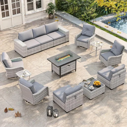 Miniatura 27 de Juego de muebles de mimbre para patio al aire libre de 3 piezas, sillas de patio giratorias mecedoras con respaldo alto con cojines gruesos de 4