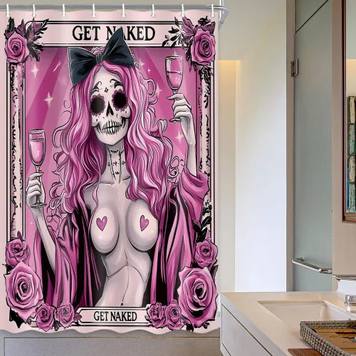 Miniatura 14 de Divertida cortina de ducha de esqueleto de calavera rosa, para Halloween, gótica, rosa, rojo, rosa, floral, vino tinto, terror, terror, cortina