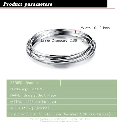 Miniatura 3 de Pulsera de plata de ley 925 para mujer, cinco pulseras apilables de combinación suave de diámetro 60-2.559 -2.677 in de plata maciza en brazalete