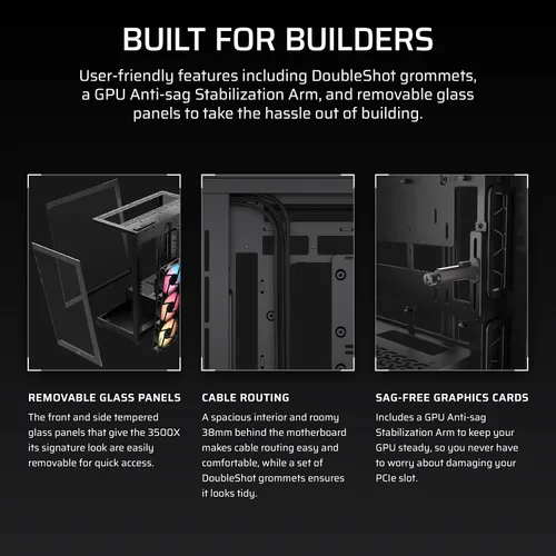 Miniatura 8 de Caja de PC CORSAIR 3500X RS-R ARGB de torre media – 3 ventiladores ARGB RS120-R preinstalados, brazo anti-hundimiento para GPU, compatible con hasta