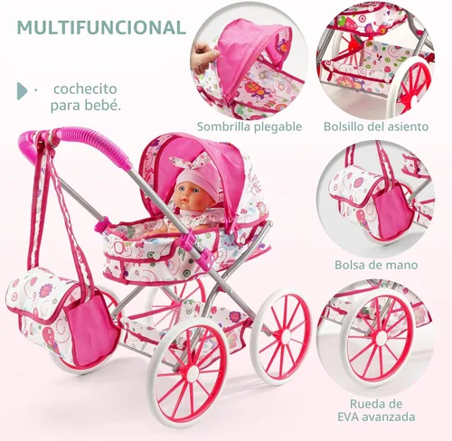 Miniatura 2 de Juego de Juguetes de Cochecito para Muñeca de Bebé con Muñeca de Bebé de 13'', Cama de Muñeca, Silla de Comedor, 26 Piezas de Accesorios para Muñeca