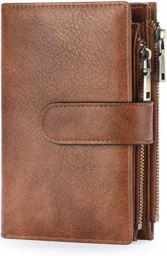 GOIACII - Carteras para mujer con bloqueo RFID para tarjetas de crédito y 2 bolsillos con cremallera, cartera de cuero con 3 ventanas para