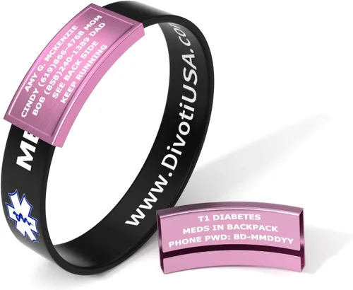 Divoti Pulsera de identificación médica deportiva de silicona con grabado personalizado de 0.512 in de ancho para atletas - Estilo/Color