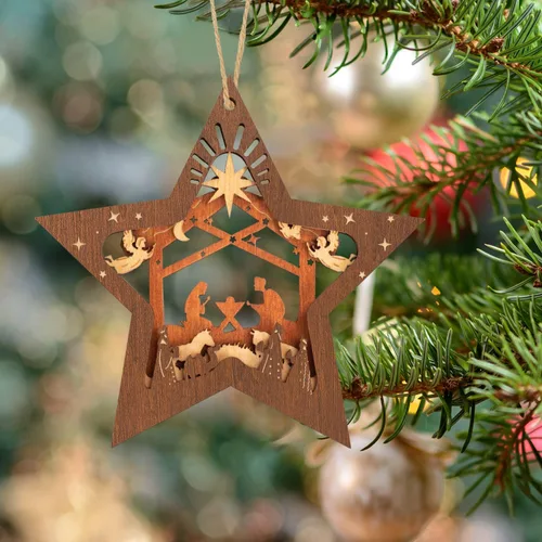 Miniatura 2 de Creawoo Adornos de belén, adorno colgante de madera de Navidad en forma de estrella, recuerdo de belén para árbol de Navidad, decoración