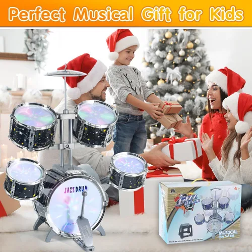 Miniatura 6 de Juego de batería para niños pequeños de 1 a 3 años, batería de jazz mejorada para niños, juguetes de instrumentos musicales y luces y todo plástico