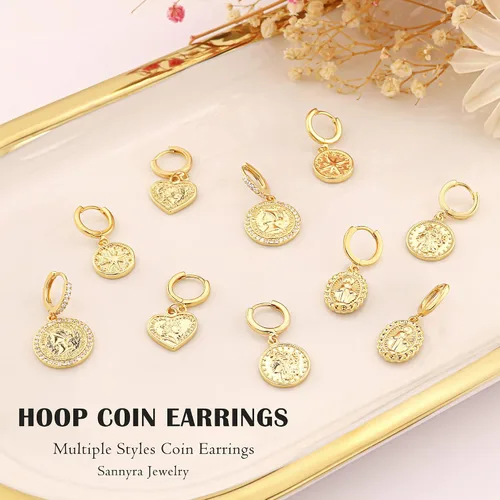 Miniatura 5 de Aretes de moneda de oro para mujer, chapados en oro de 14 quilates, aretes de aro delicados con moneda de dije mal de ojo
