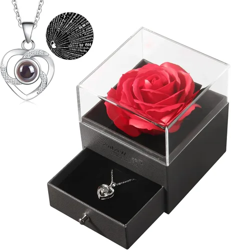 Forever Rose with I Love You Heart Necklace 100 Languages Projection, Birthday Gifts for Women, Romantic Valentine Gifts for Girlfriend Wife Mom