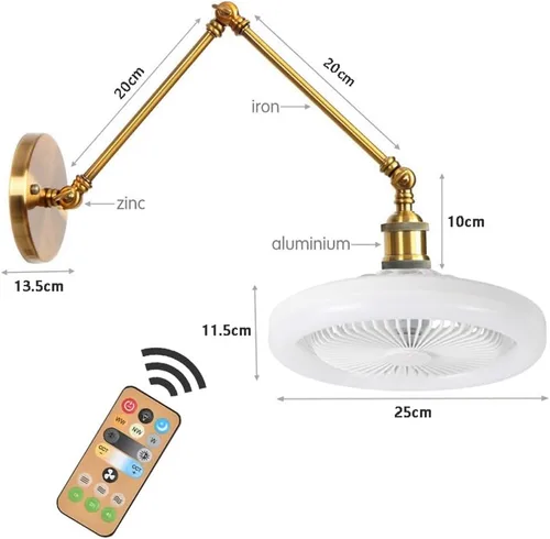 Miniatura 6 de Industrial Wall Lamp with Socket Fan Bulb, Bladeless 3-Speed Adjustable Fan Sconce, Swing Arm Dimming Led Lighting for Garage, Closet, Kitchen, Gold