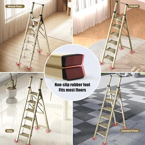 Miniatura 6 de SOLADDER Escalera de 6 escalones, taburete plegable con mango y pedal ancho antideslizante, escalera de escalera portátil de aluminio ligero