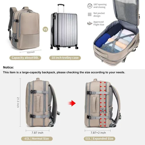 Miniatura 2 de MOLNIA Mochila de viaje expandible de 50 L para mujeres y hombres, artículos esenciales de viaje de mano, aprobada para vuelos, se adapta a mochila
