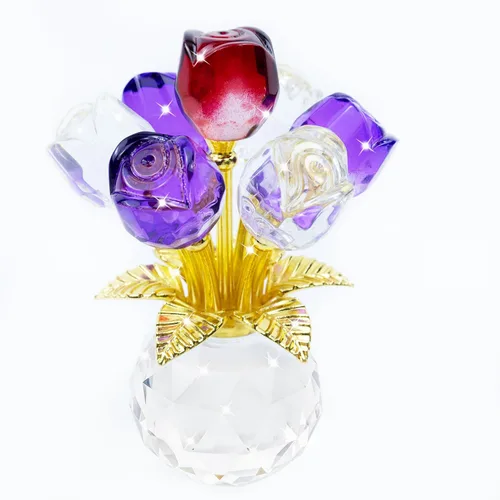 Miniatura 10 de Figura de flor de rosa de cristal con jarrón redondo, flores de cristal, flores de vidrio con tallos, figura de cristal de rosa de cristal, regalos