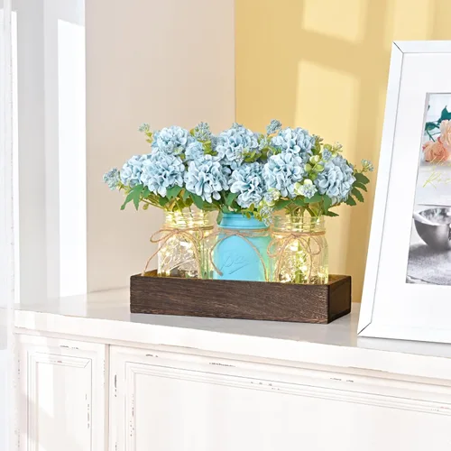 Miniatura 6 de BLEUM CADE Decoración de mesa de centro de mesa, 3 piezas de flores artificiales de hortensias en frascos Mason con bandeja de madera para mesa