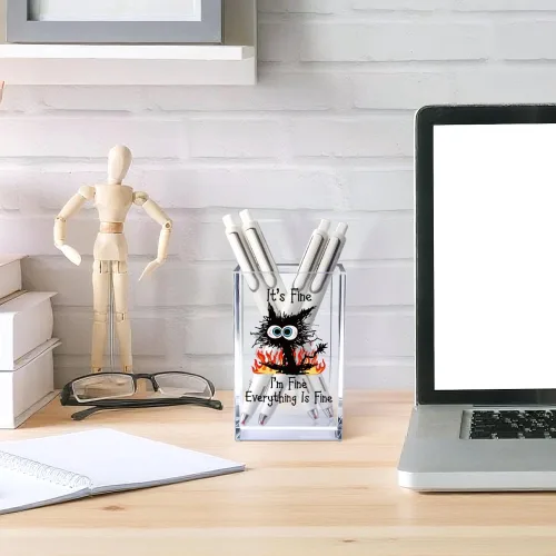 Miniatura 4 de It's Fine I'm Fine Soporte para Lápices y Bolígrafos Cosméticos de Acrílico, Divertido Soporte para Bolígrafos de Gato Negro, Regalo para Amantes