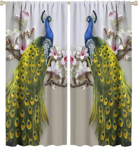 Miniatura 59 de Cortina opaca con estampado de pavo real, con estampado de animales retro, con bolsillo para cortinero y flores de peonía doradas, para dormitorio