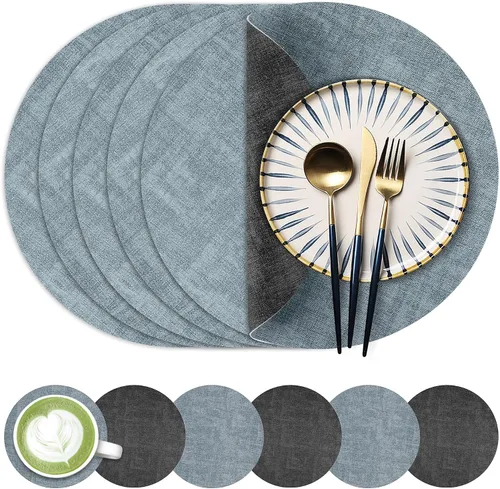 Juego de 6 manteles individuales redondos de piel sintética de 13 pulgadas, impermeables, antideslizantes, de doble cara, resistentes al calor,