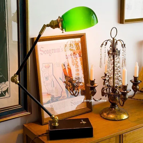 Miniatura 2 de Vintage Industrial Green Glass Table Lamp Modern Antique Brass and Wood Body Desk Light with Button Switch(Black,Long)