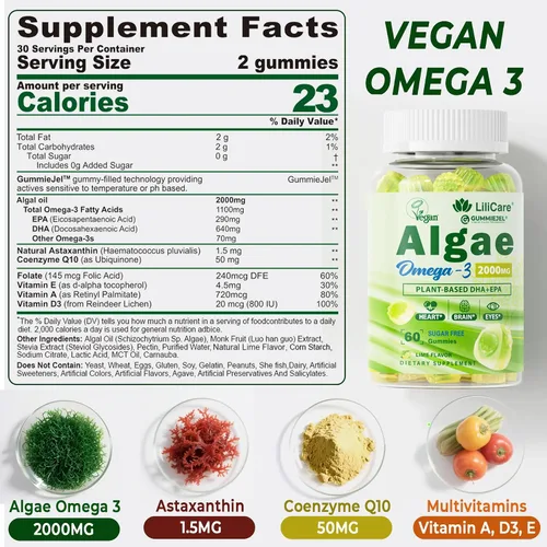 Miniatura 2 de Gomitas Omega 3 de 2200 mg de aceite de algas (DHA 640 mg y EPA 290 mg) para mujeres y hombres, alternativa de aceite de pescado vegano Omega 3