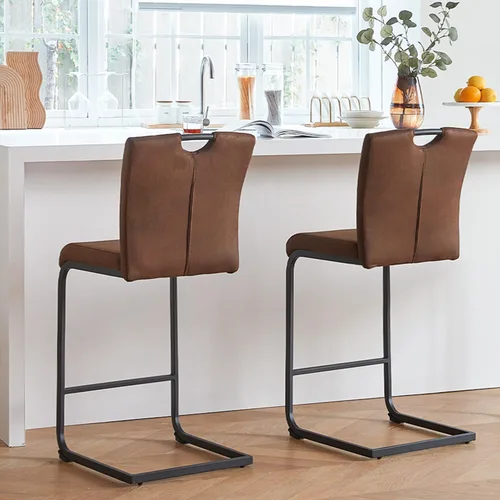 Miniatura 5 de GrandNoor Mid Century - Juego de 2 taburetes de bar modernos de 26 pulgadas marrón con respaldo, taburetes de bar tapizados de altura de encimera