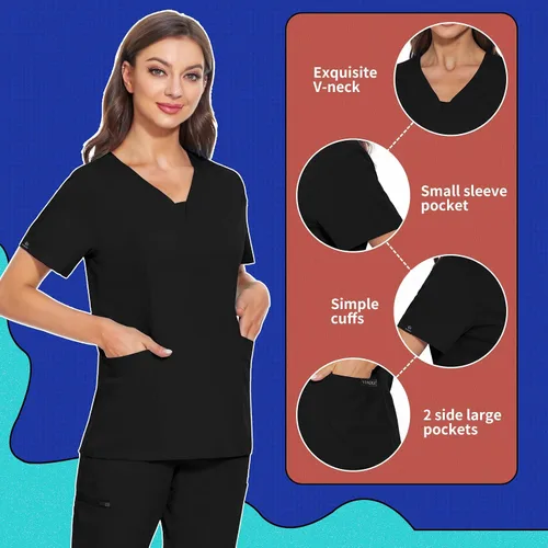 Miniatura 30 de VIAOLI Conjunto de ropa quirúrgica para mujer, camiseta con cuello en V y pantalones médicos tipo cargo para mujer, 10 bolsillos