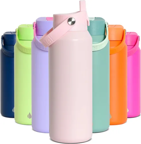 Miniatura 33 de Elemental Botella de agua aislada de 24 onzas con popote, botellas de agua con núcleo de acero inoxidable 100% a prueba de fugas para viajes, Beige