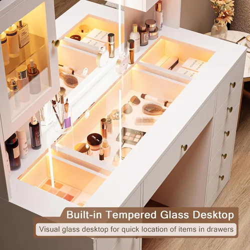 Miniatura 3 de Einhomn Escritorio de tocador de maquillaje con espejo y luces LED, mesa de tocador grande con parte superior de cristal con 7 cajones y 3