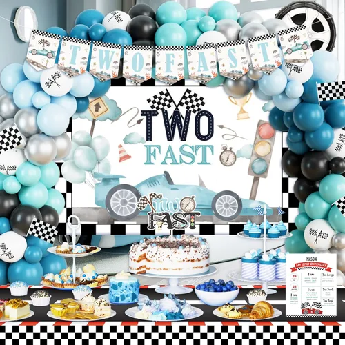 Miniatura 6 de Dos decoraciones de cumpleaños rápidas: 131 piezas con temática de autos de carreras con guirnalda de globos, dos fondos rápidos, globo de aluminio