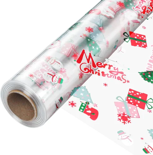 JOYIT Rollo de celofán navideño de 100 pies (35 pulgadas x 100 pies) – Rollo de celofán de 3 mil de grosor, bolsas de celofán navideñas grandes para