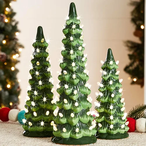 Best Choice Products - Juego de 3 árboles de Navidad de cerámica, decoración de mesa preiluminada y pintada a mano con bombillas LED de luz blanca