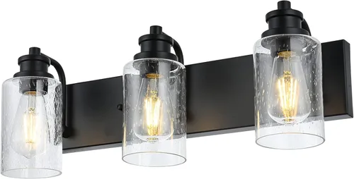 Miniatura 7 de Lámpara de baño vintage de 3 cabezales en acabado negro mate, pantalla de vidrio transparente clásica, iluminación de baño sobre espejo, lámpara