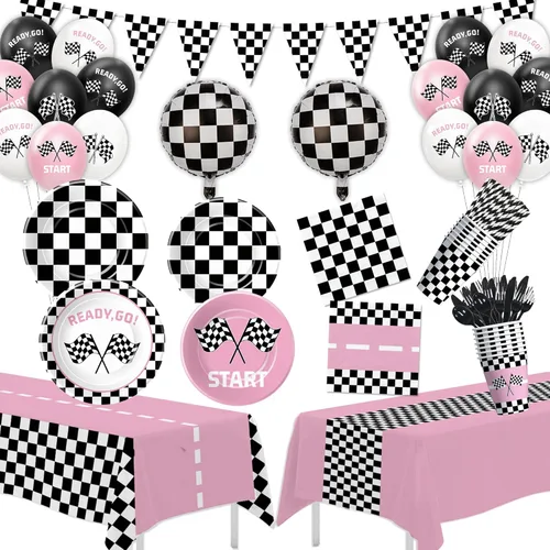 Decoraciones de fiesta de cumpleaños de coche de carreras, suministros de fiesta de automóvil de carreras rosa para niñas, cumpleaños, baby shower,