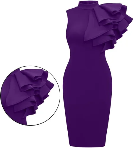 Miniatura 3 de XXTAXN - Vestido de cóctel entallado, formal, sin mangas y con volados para mujer, vestido de tubo por debajo de la rodilla