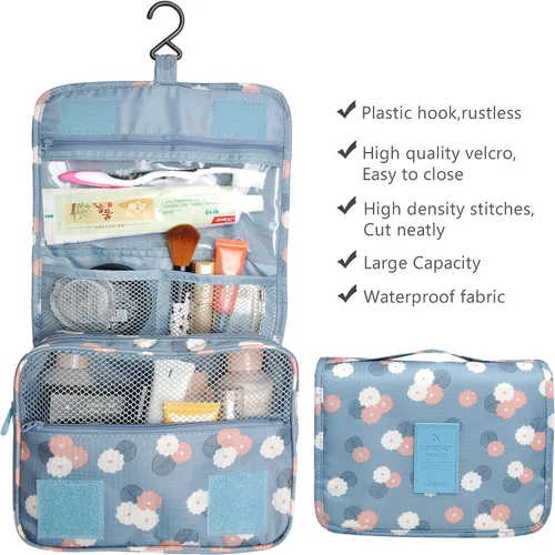 Miniatura 3 de Bolsa para productos cosméticos. Bolsa para colgar productos de tocador. Organizador de viaje, para hombre y mujer., Azul Flores)