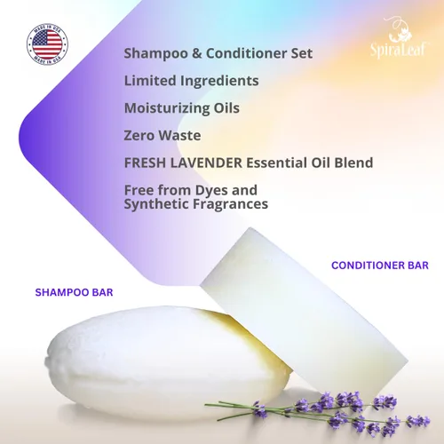 Miniatura 2 de SpiraLeaf Juego de barra de champú y acondicionador, aceites esenciales puros de lavanda fresca, aroma ligero, ingredientes limitados, fórmula