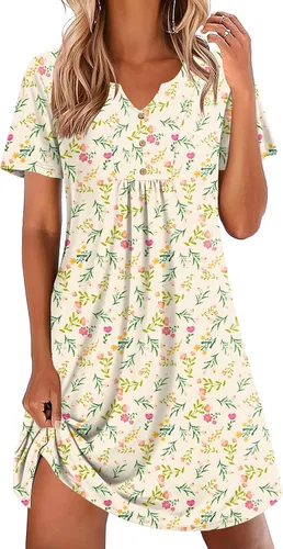 Miniatura 18 de Ekouaer Camisones para mujer de algodón Vestidos de noche Plisados Camisones Henley Cuello en V Camisas de dormir de manga corta Ropa de dormir