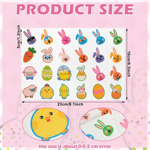 Miniatura 2 de Nosiny 240 piezas de tatuajes temporales con purpurina de Pascua, huevos de conejito feliz, pollo, zanahoria, accesorios de ropa, calcomanías