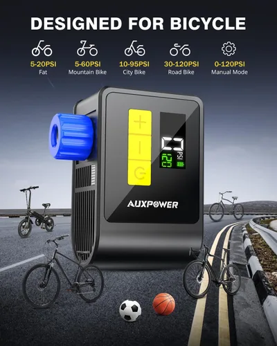 Miniatura 4 de Auxpower BL03 Bicycle Pump with Pressure Gauge, 120PSI Electric Bike Pump with Presta and Schrader Valve, Auto Stop, Outdoor Camping Cycling Pump