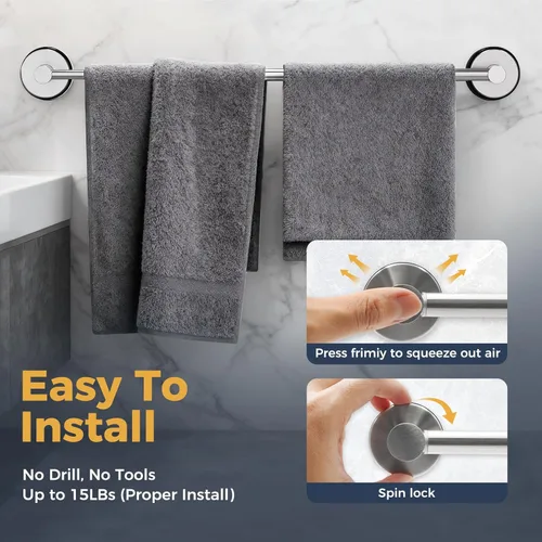 Miniatura 3 de Toalleros de 14.6 a 24 pulgadas para baño, barra de toalla ajustable con ventosa para pared de baño, soporte de toalla de baño de acero inoxidable