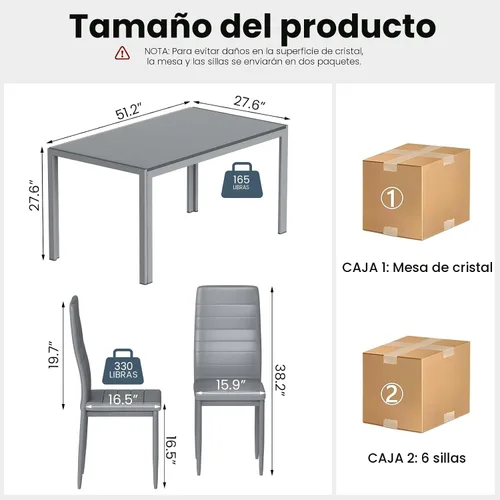 Miniatura 6 de Recaceik Juego de mesa de comedor de 7 piezas para 6, mesa de cocina de vidrio templado y sillas de cuero PU, juego de mesa de comedor moderno