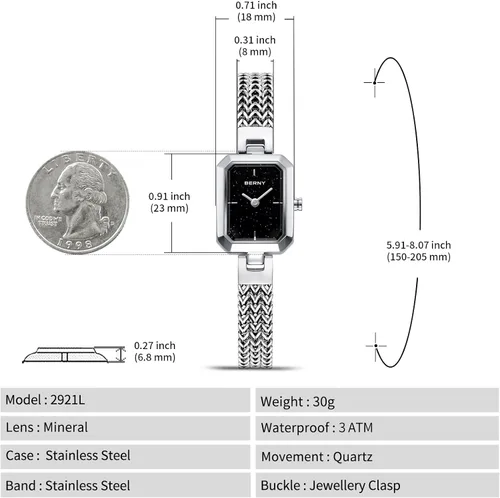 Miniatura 6 de BERNY Relojes para mujer, fácil de cambiar el tamaño, reloj de pulsera para mujer, de acero inoxidable, de lujo, a la moda, pequeño, cuadrado