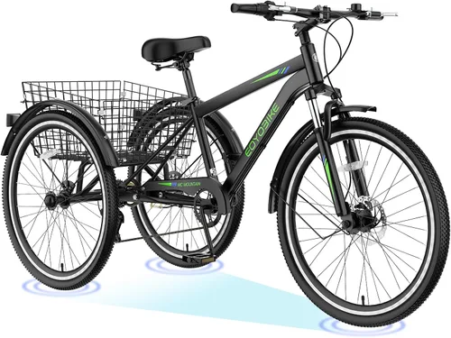 Miniatura 11 de H&ZT Triciclo para adultos, bicicleta de 3 ruedas, triciclo crucero, con cambio de 7 velocidades, manilla de freno de estacionamiento, paso bajo