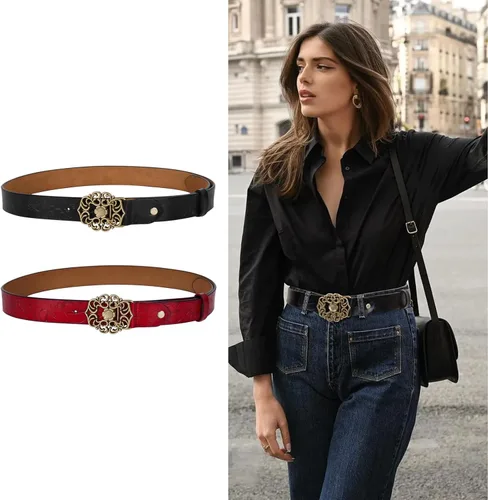 Miniatura 207 de Cinturón de cuero clásico con hebilla de metal para mujer con vestido de jeans