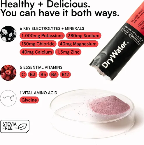 Miniatura 6 de DryWater® Paquetes de polvo de hidratación de electrolitos + vitaminas, limón de frambuesa (sin estevia), 1,000 mg de potasio, fruta orgánica real