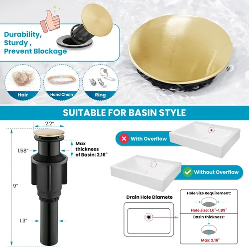 Miniatura 4 de gotonovo Grifo para Lavabo Vessel Grifo de Baño Moderno de 1 Orificio Montaje en Cubierta Lavatorio Tocador Grifo Mezclador de Una Sola Manija