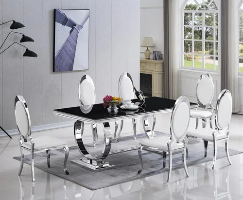 Miniatura 4 de Juego de 6 sillas de comedor modernas tapizadas de cuero con patas de acero inoxidable plateadas, sillas de cocina contemporáneas sin brazos