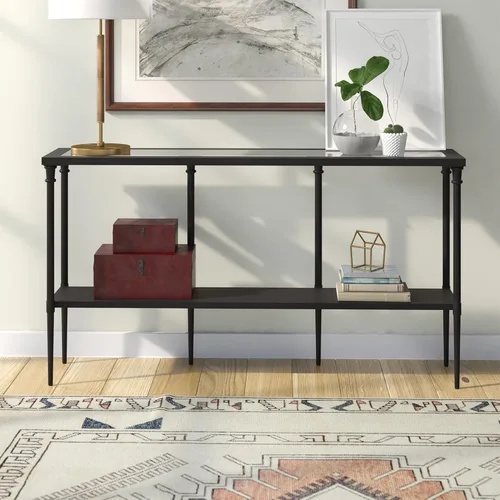 Miniatura 7 de Nellie - Mesa consola rectangular de 55 pulgadas de ancho con estante de metal en bronce ennegrecido