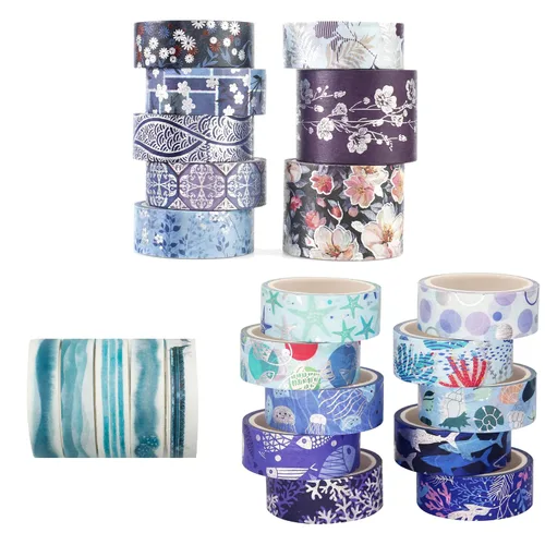 Elegance Blue Washi - Juego de 23 rollos de cinta adhesiva decorativa para manualidades, manualidades, diarios, planificadores, álbumes de recortes,